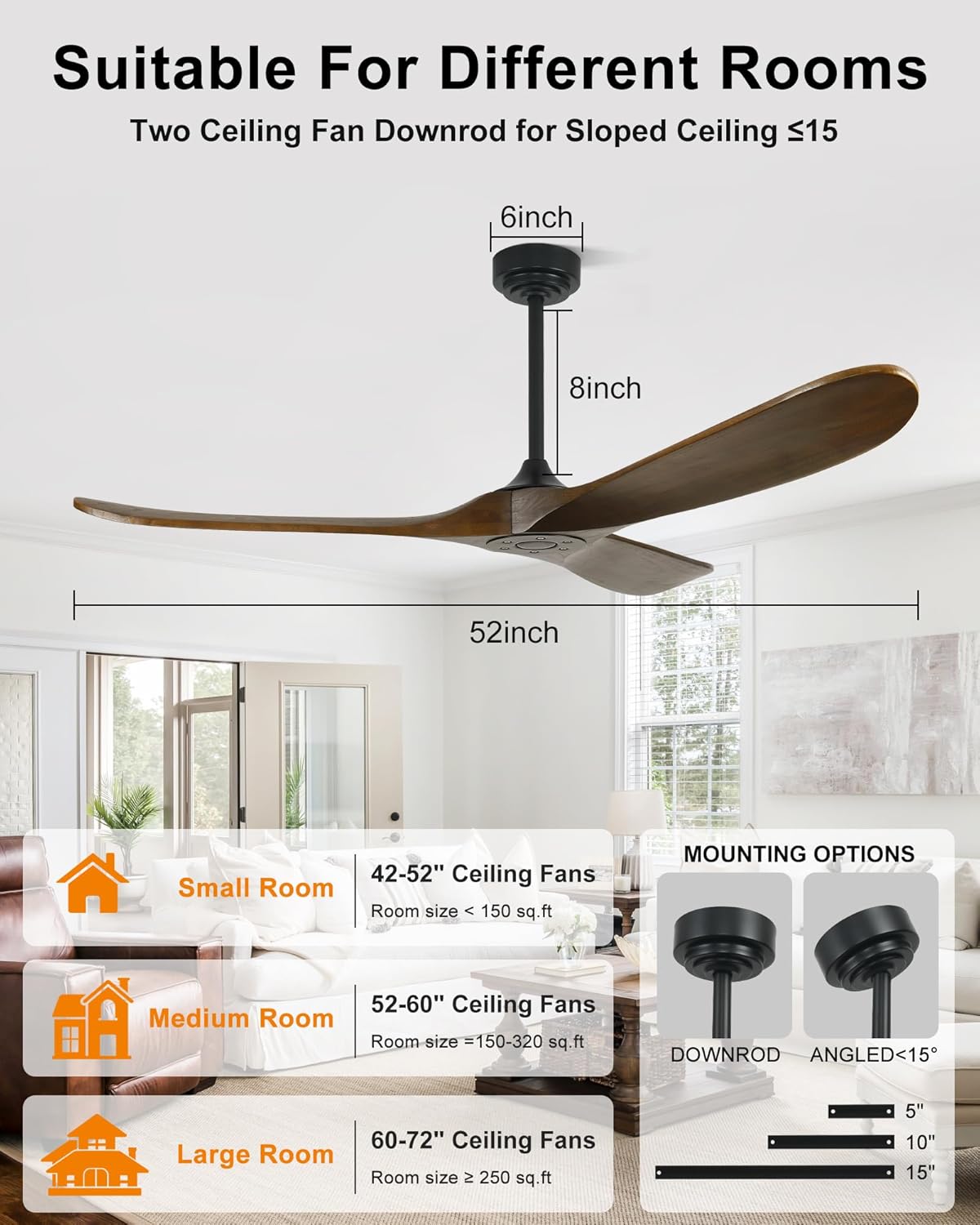 52 Inch Outdoor Ceiling Fans without Lights, Smart Wood Ceiling Fan no Light with Remote Control & Alexa/Google, Outdoor Fan for Patios Farmhouse 3 Blades High CFM Ceiling Fans Bronze