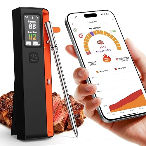 Termómetro inteligente inalámbrico Bluetooth para carne con WiFi, alta precisión ± 0.5 °F, base inteligente, 1 sonda con 6 sensores, precisión