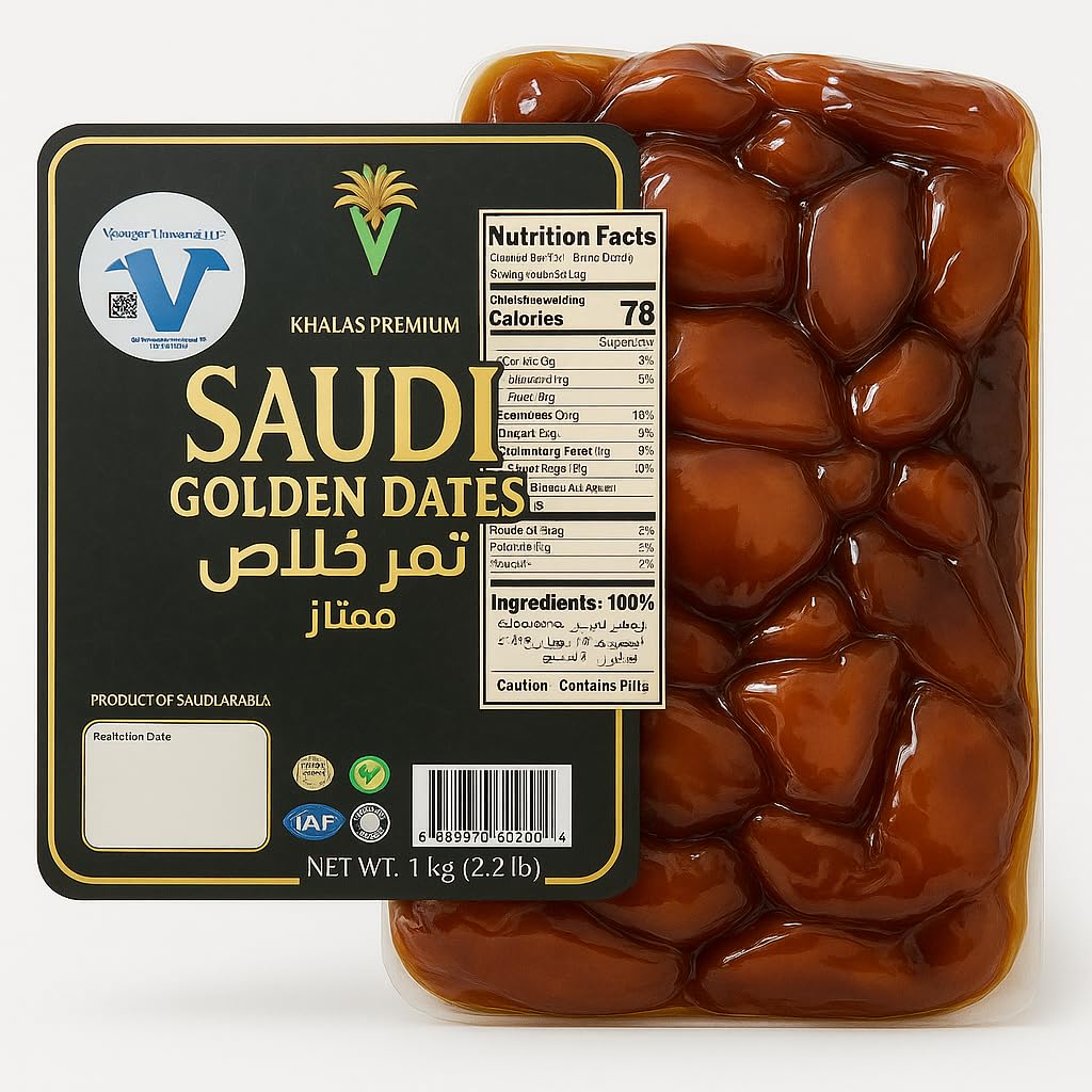 Khalas Premium Saudi Golden Dates - 1kg (2.2 lb) Vacuum Sealed Pack - 100% Natural, No Added Sugar, Healthy Energy Snack - Product of Saudi Arabia