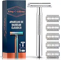 KING C. GILLETTE, Aparelho de Barbear Clássico + 5 Lâminas de barbear com Duplo Fio, aço inoxidável, Barbeador para homens, Cuidado para Barba