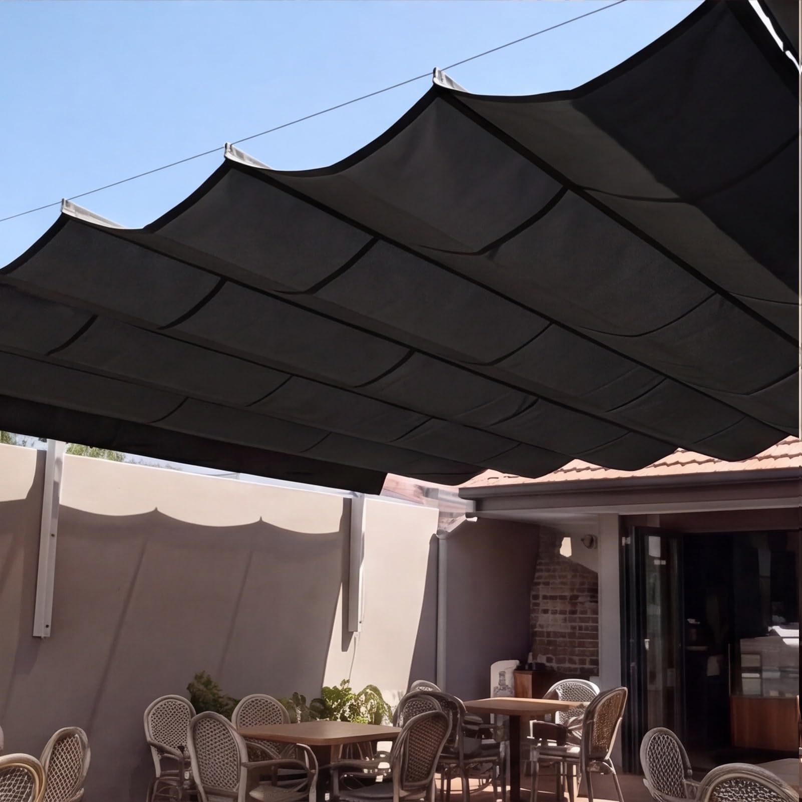 Wysuwany żagiel przeciwsłoneczny 275 x 290 cm, HDPE, szyty na miarę, ochrona przed promieniowaniem UV, wodoszczelny, do markizy, tarasu, podwórza, werandy, pawilonu, kolor czarny