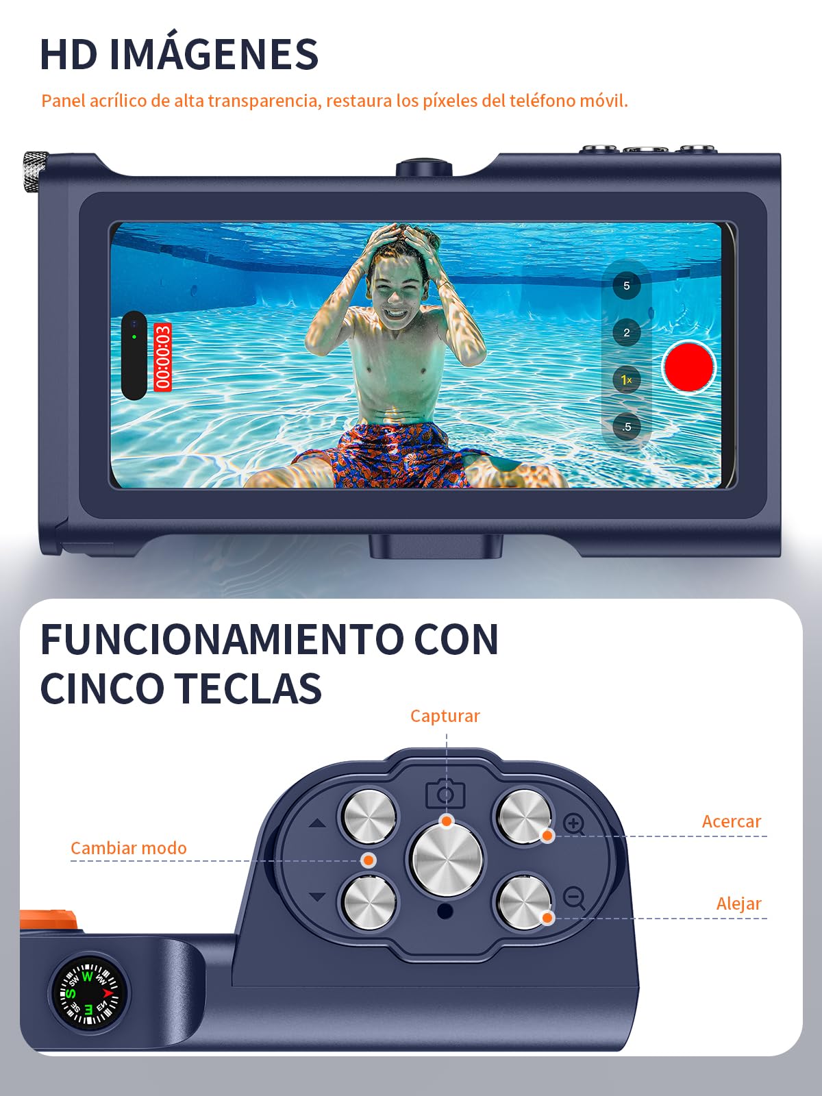 Funda IPX8 15M Impermeable [Universal] Subacuática Profesional 360 Grado Carcasa de Fotografía Buceo [Bluetooth Enfoque Ajustable] para iPhone Samsung Xiaomi 4,7-6,9'' Móvil, Azul