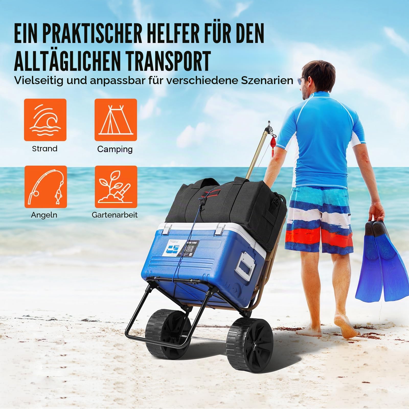 VEVOR Strandkarre Bollerwagen Sandwagen, Strandwagen 31 kg Tragkraft, Zusammenklappbarer Sandwagen aus Stahl, 380 x 386 mm Handwagen Robuster Wagen für den Strand Gerätewagen