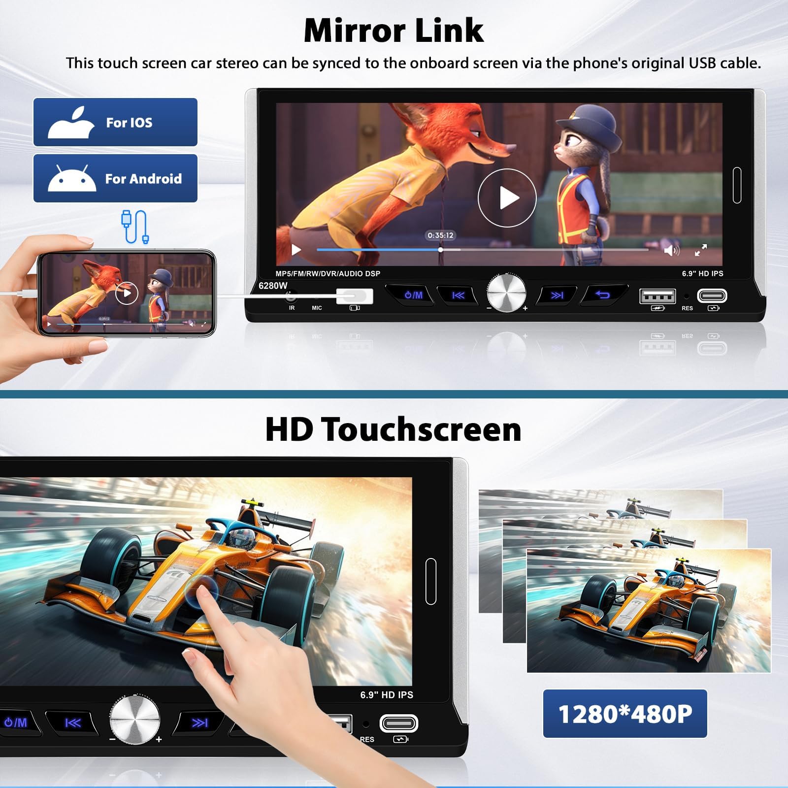 Inefala Bluetooth Car Stereo 1 Din kompatybilny z bezprzewodowym Carplay Android Auto 6,9-calowy ekran dotykowy Samochodowy zestaw stereo obsługuje Bluetooth/Mirror Link/Radio FM RDS/USB/EQ/Type-C