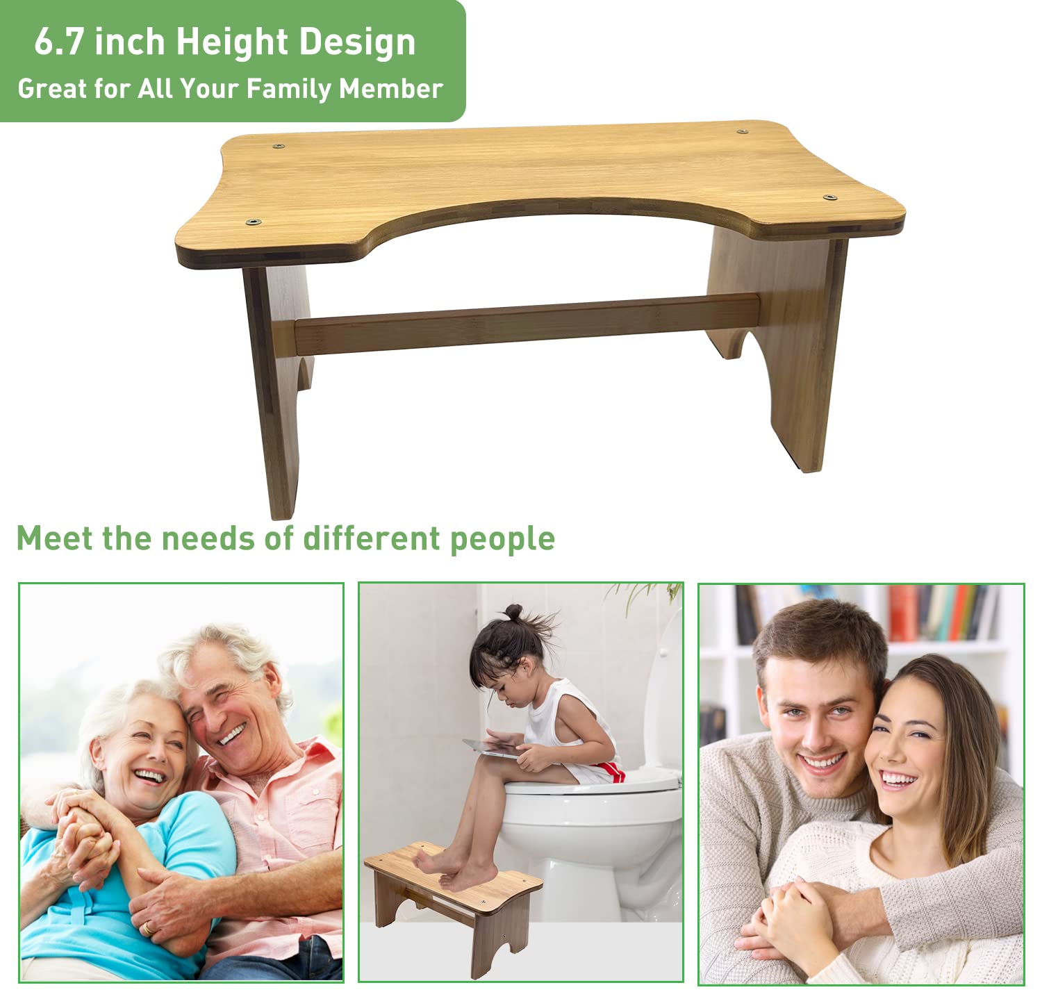 Bambus Toilettenhocker - 17,5 Cm Hoch, 43,2 Cm Lang, Mit Anti-Rutsch, Für Erwachsene & Kinder
