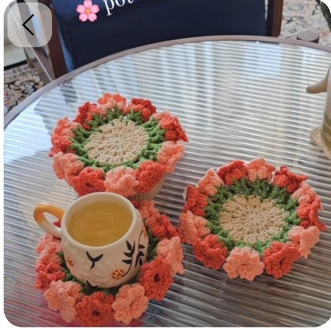 Handmade Crochet Tea Coaster Set, Floral Design, Pink and Green, Boho Style Table Decor-image-34