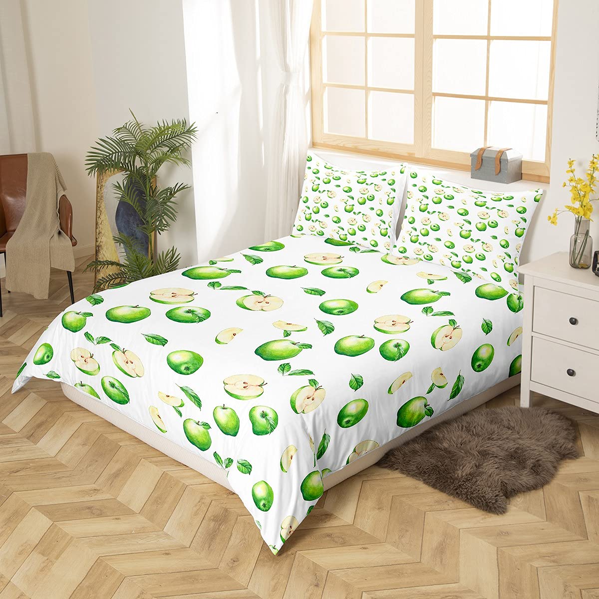 Homemissing Apple Bedding Set for Girls Boys Children Kids Cute Green Apples Comforter Cover Fruits Duvet Cover Vibrant Bright Leaves Bedding & Linen Single Size 2Pcs - Image 2