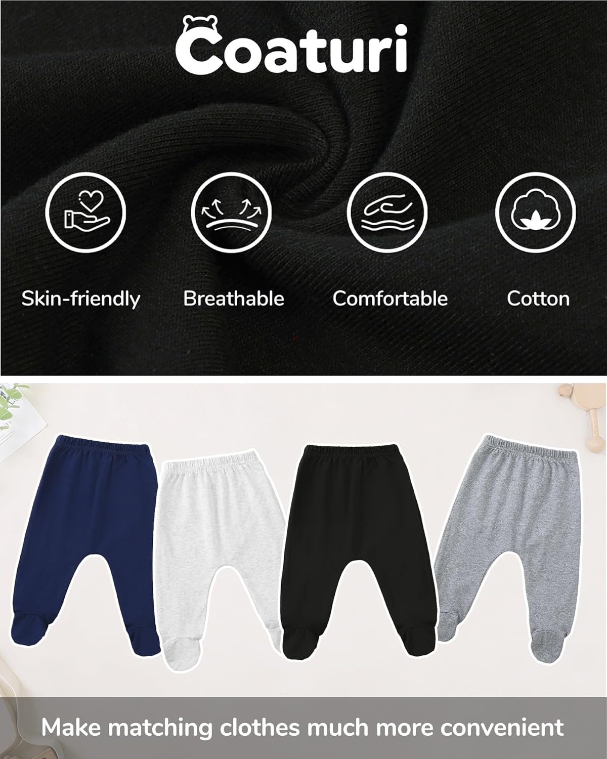 4 Pack Baby Footed Pants: Soft Cotton Spandex Pants with Feet Pull on Bottoms for Infant Unisex Baby Boys Girls - Image 6
