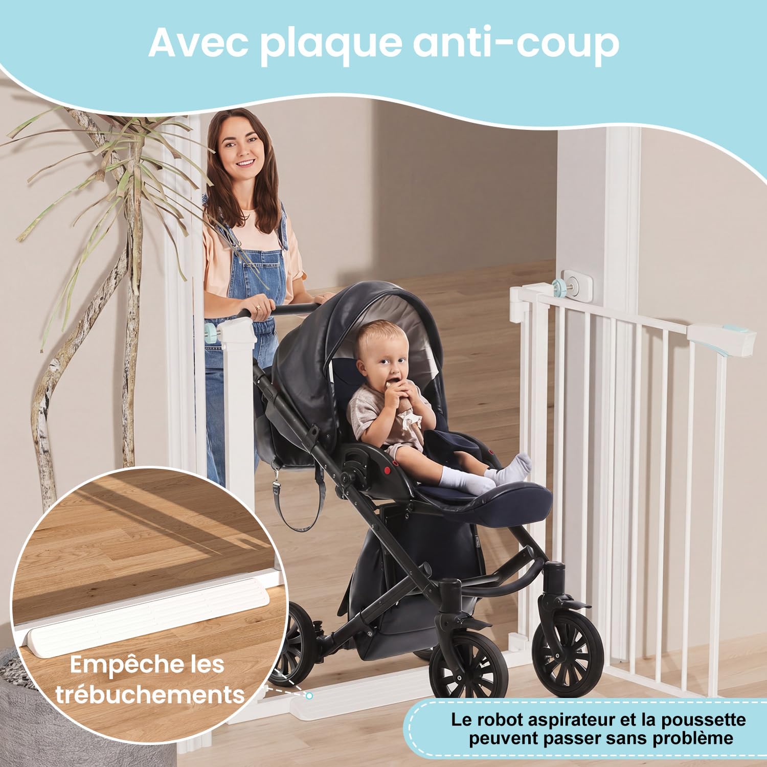 YEAUPE PRO Barrière de Sécurité Enfant 74-78 cm, Barrière Escaliers Portes Pression, Double Verrouillage, Blanc