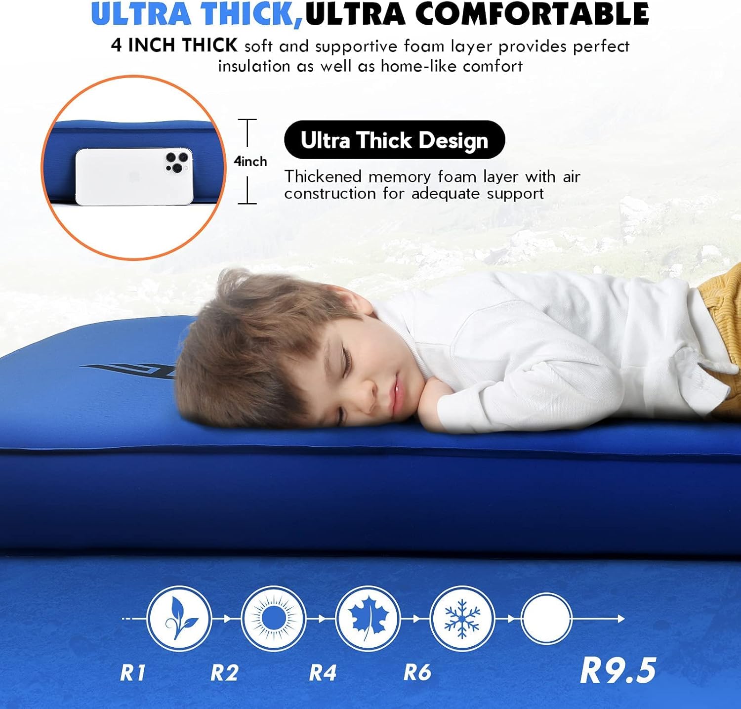 Hikenture 4 INCH Thick Self Inflating Sleeping Pad 9.5 R Value with Mattress Sheet, Comfort Plus Camping Mattress with Pump Sack, Inflatable Foam Insulated Camping Pad for 4-Season : Sports & Outdoors