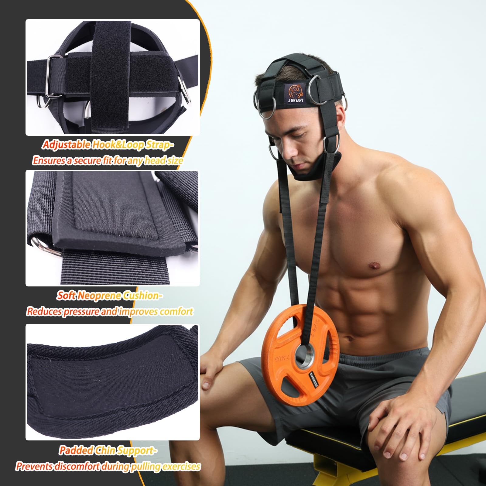 J Bryant Harnais de cou avec système de poulie pour entraînement de résistance – Entraîneur de force du cou à 360° pour salle de sport et entraînement à domicile, harnais de tête réglable avec
