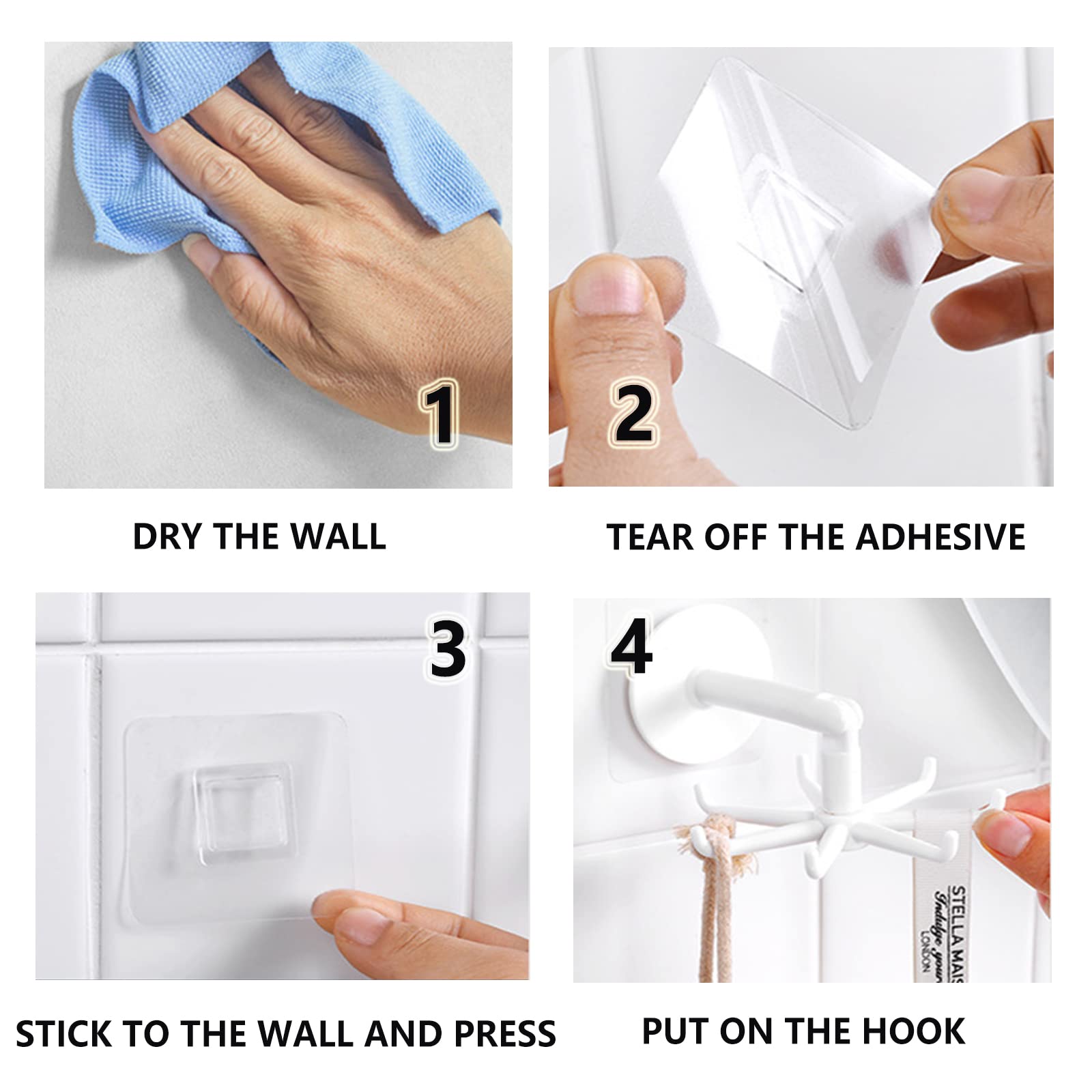 MONBEHJKA Rotating Folding Hook 360° Hole-Free Hook with 7 Claws 180° Vertical Folding Hook for Kitchen and Bathroom Shelves 8 Pieces Wall Mount Drill-Free Multipurpose Kitchen Hook White Black - Image 3
