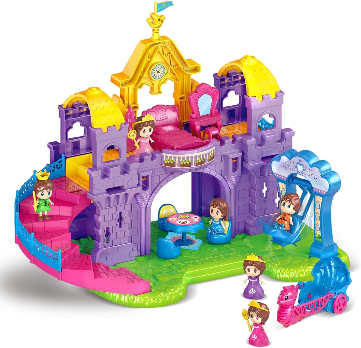 Fitto Princess Mini Castle Dollhouse with 4 Rooms Small 2 Storey Castle Houses Playset with 2 Dolls Furniture 1 Horse Carriage