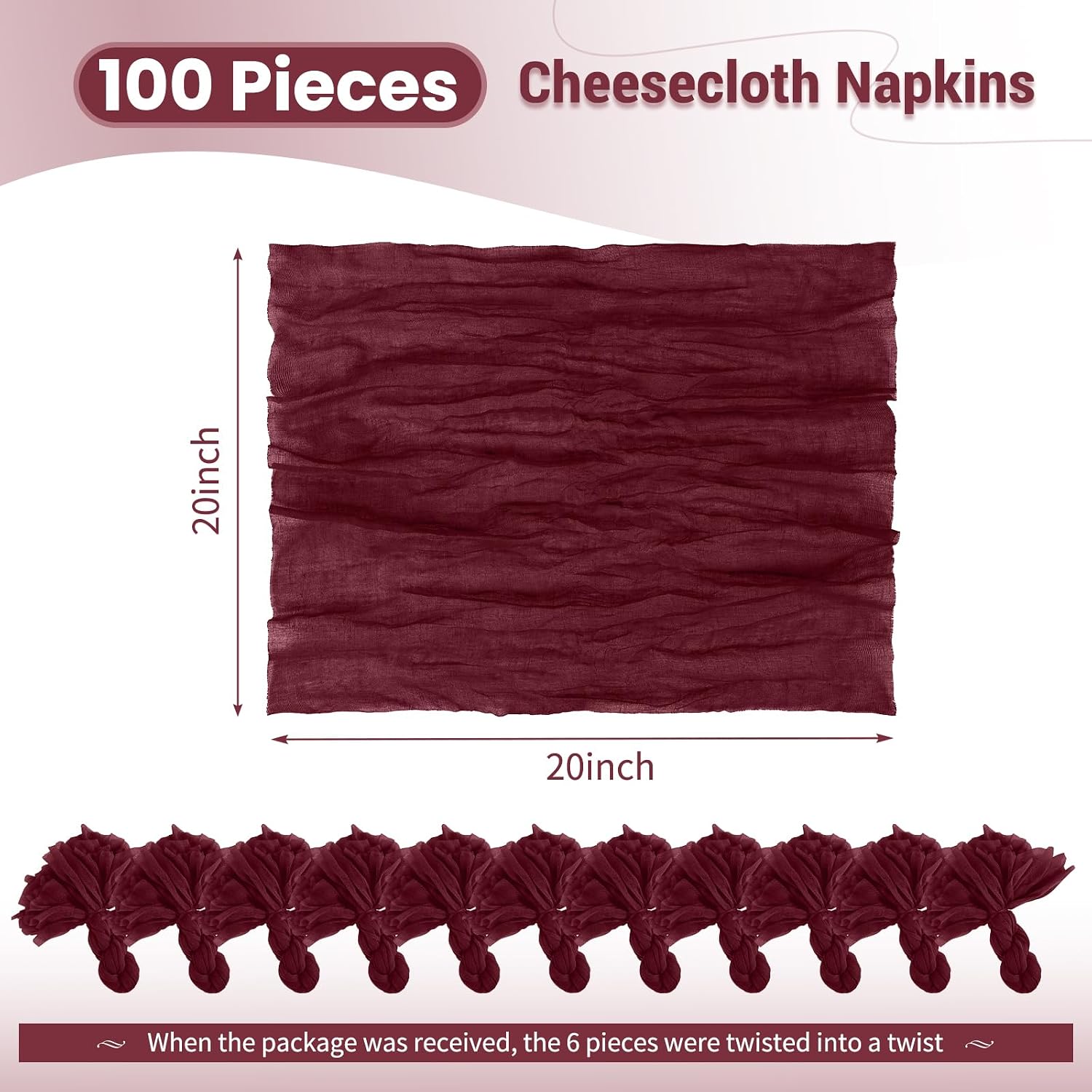 100 Pack Burgundy Napkins Cheesecloth Napkins 20x20 Inch Rustic Boho Gauze Napkin Cloth Bulk Washable Dinner Table Napkin for Wedding Party Bridal Baby Shower Table Decor(Burgundy)