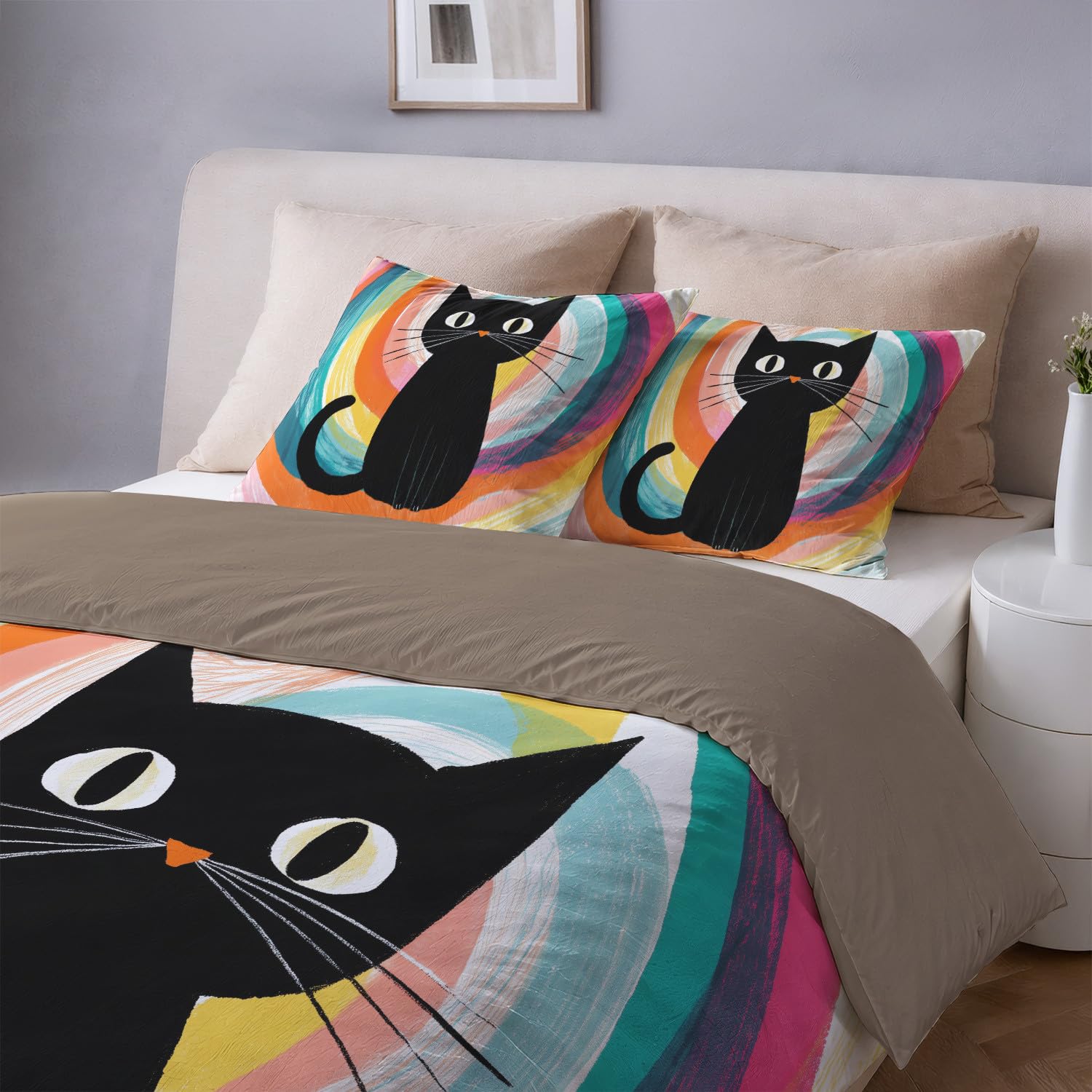Kreskówka podwójna poszwa na kołdrę 240 x 220 cm miękka mikrofibra zestaw poszewek na kołdrę czarny zabawny kot wielokolorowy druk cyfrowy pościel dla młodzieży i dorosłych z dwoma poszewkami na