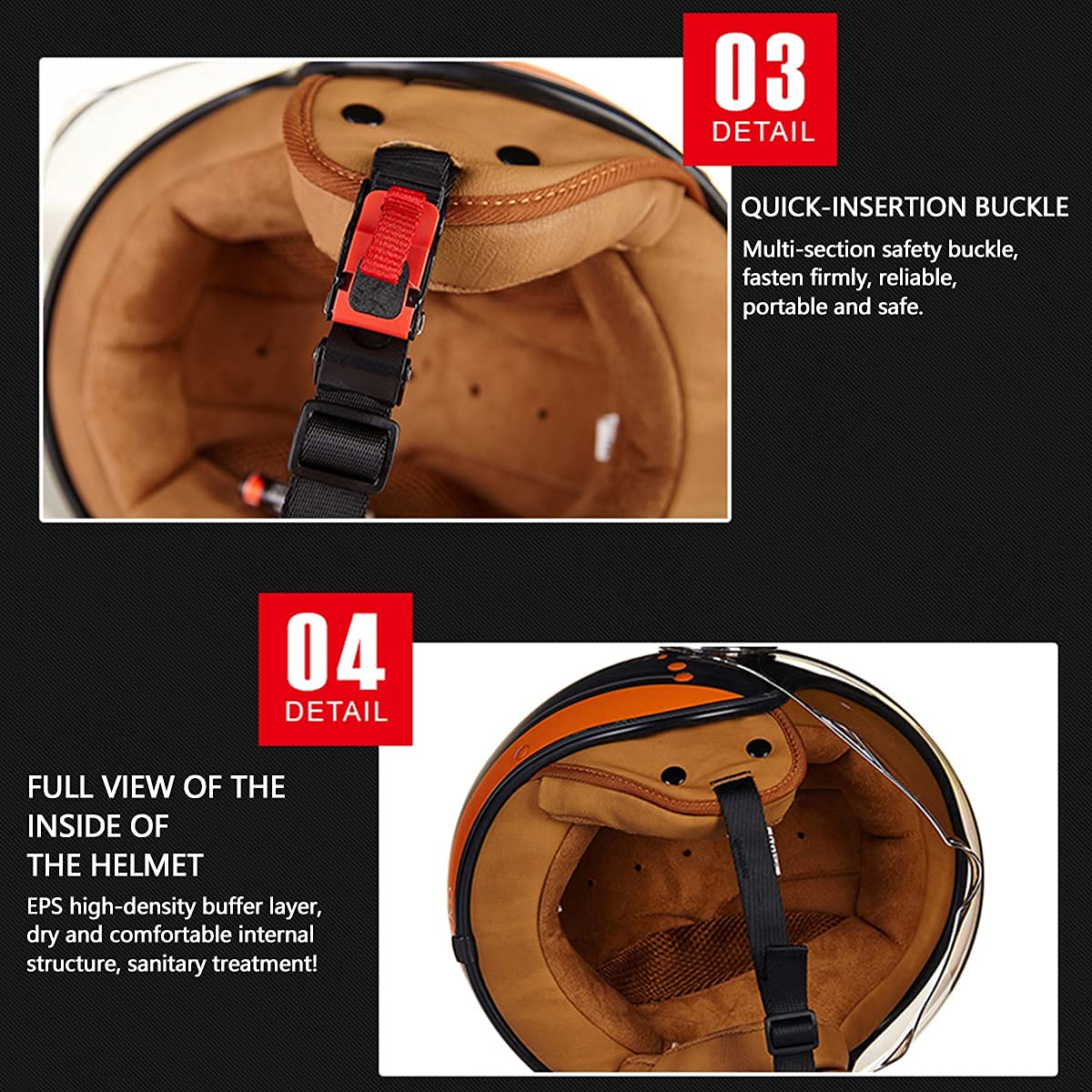 Półkask motocyklowy z otwartą twarzą Zatwierdzony przez ECE Unisex-Adult Retro kask motocyklowy Jet dla Cruiser Chopper Motorower Skuter 3/4 półkask (54~60 CM)