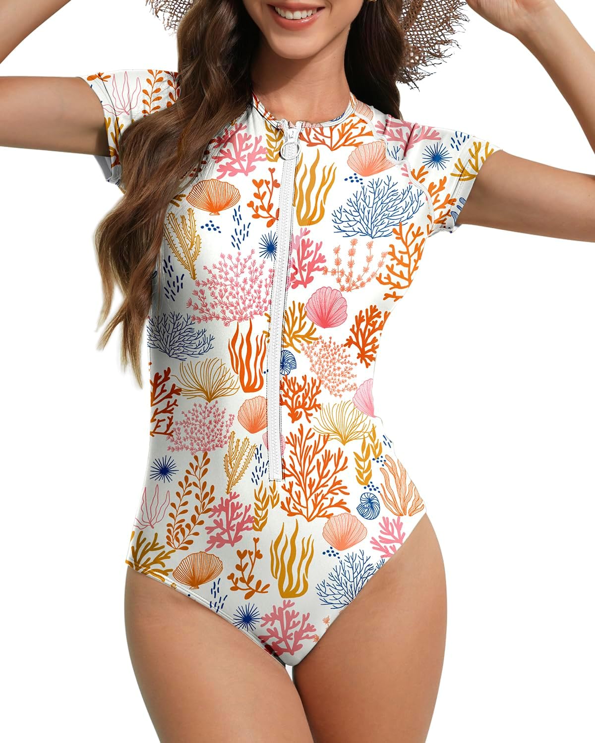 Century Star High Neck Modest Swimsuits for Women - Rash Guard One Piece Surf Teen Girls Short Sleeve Bathing Suit Swimwear