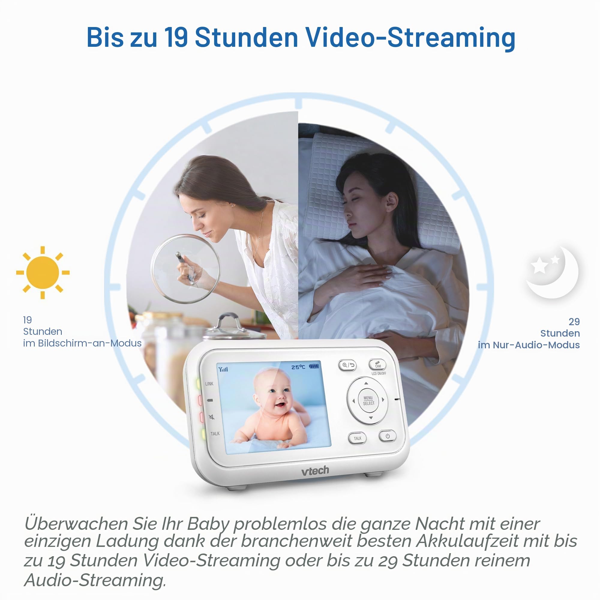 VTech VM3250 Video-Babyphone mit Kamera, 300 m Lange Reichweite, Babyphone mit 7,1 cm LCD-Bildschirm, bis zu 19 Stunden Video-Streaming, Nachtsicht, sichere Übertragung, Temperatursensor, beruhigende
