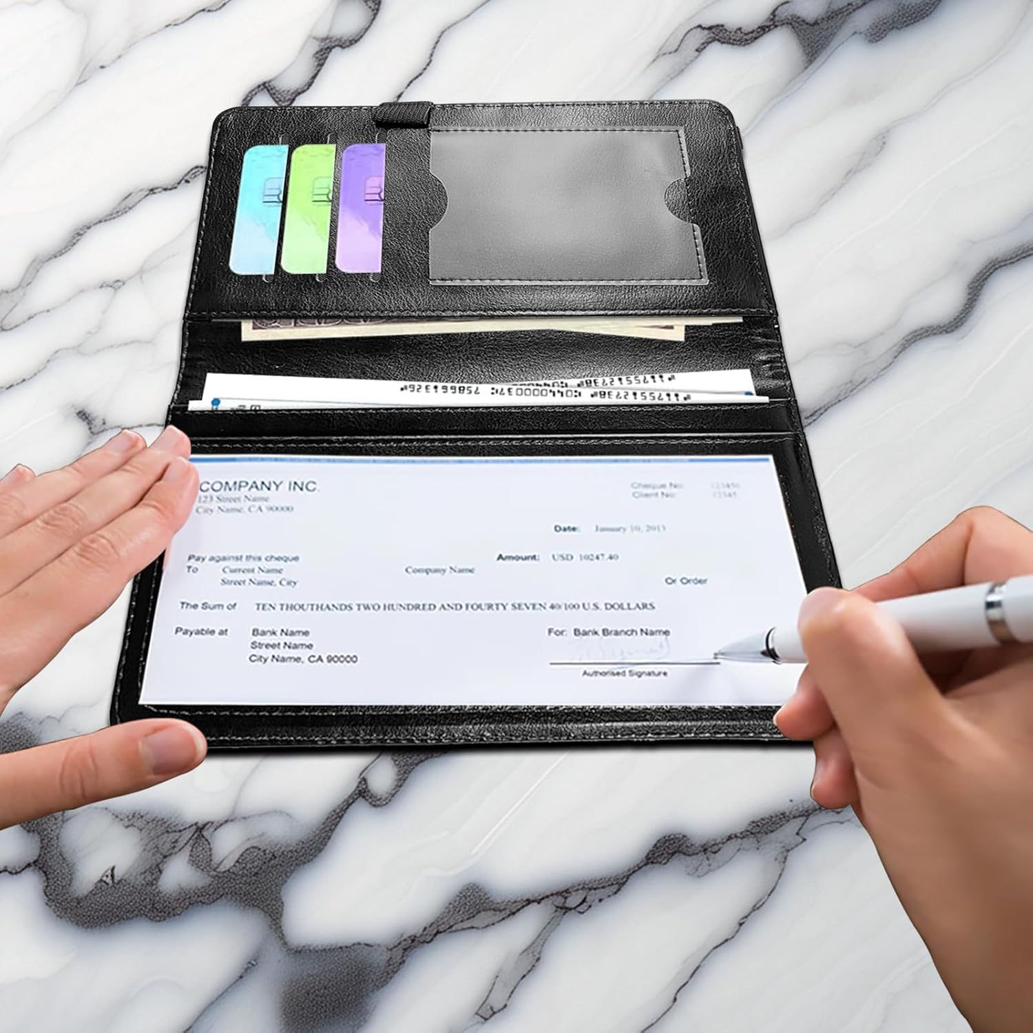 Checkbook Cover for Personal Checkbook for Men & Women Check Book Cover Wallet Cute Pu Leather with Pen Holder Card Slots Elastic Strap with Duplicate Checks American Flag Horse - Image 3