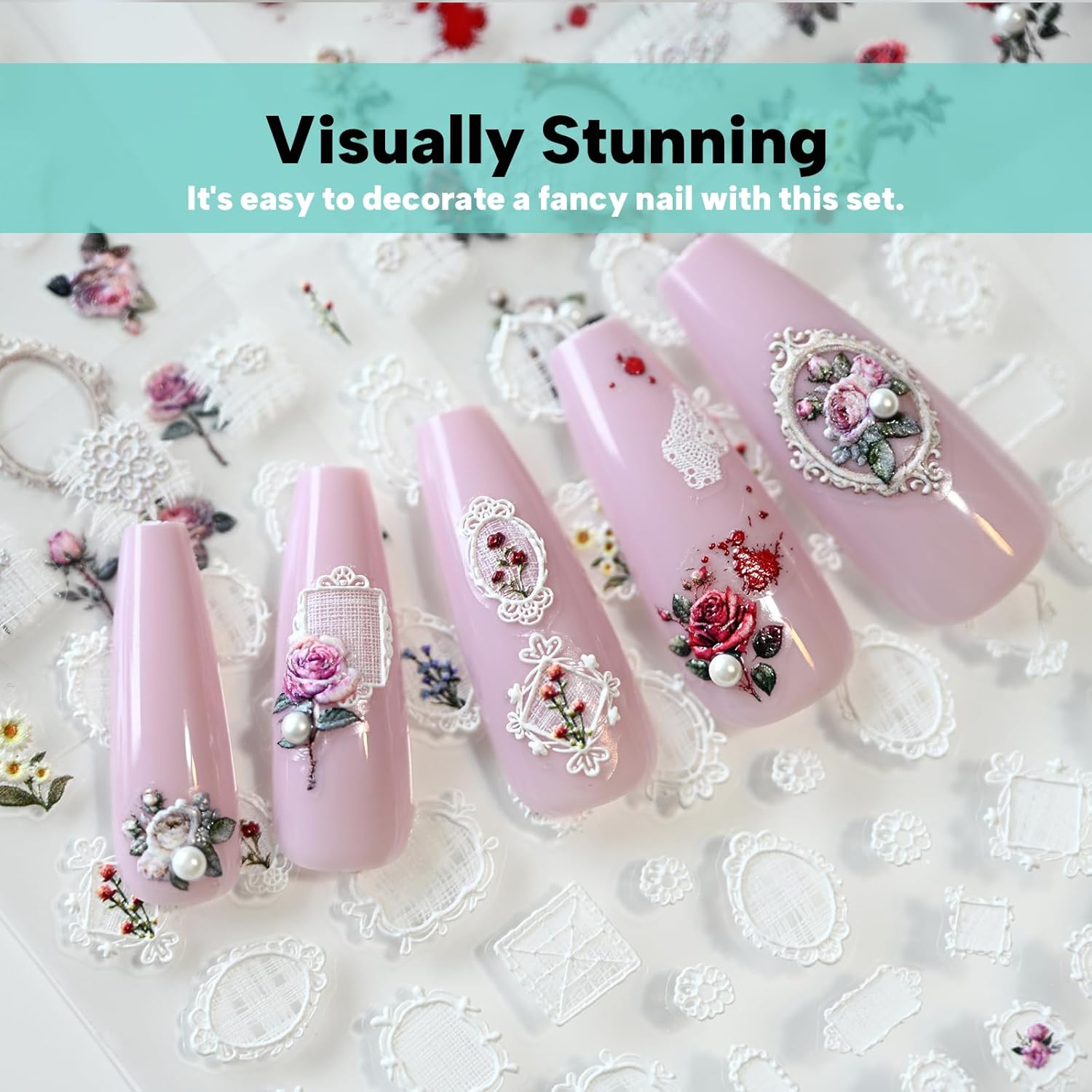 Rose Flower Frame Nail Art Stickers Pearl Rhinestones Embossed Vintage Nail Decals for Nail Art Design Self-Adhesive Nail Accessories for Women Nail Art Supplies 3 Sheets - Image 6