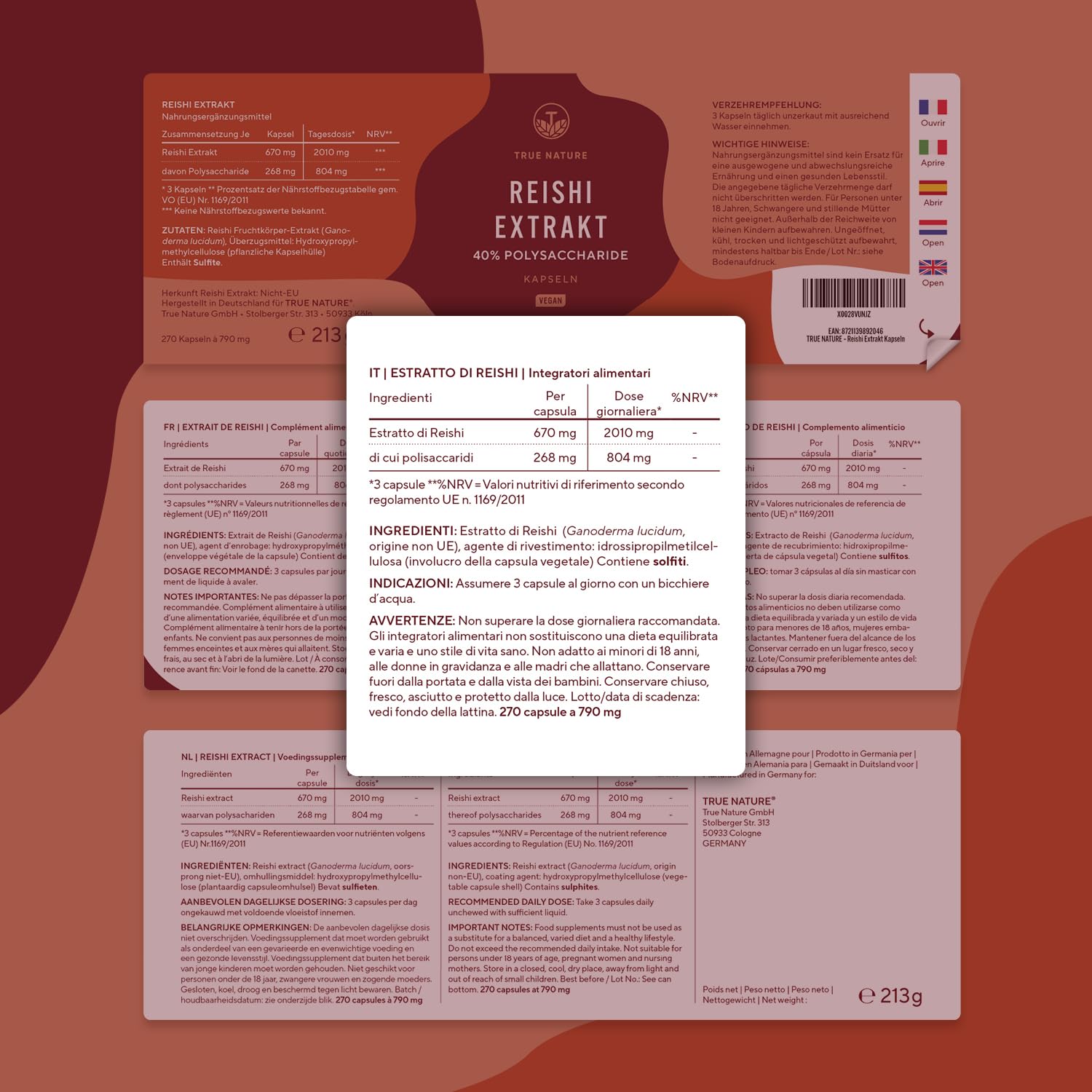 Reishi - 270 Capsule (Big Pack) - 20.100mg al giorno - Alto dosaggio - 40% di polisaccaridi bioattivi - Ganoderma Lucidum puro - fungo cinese Reishi - Vegano, testato in laboratorio - TRUE NATURE