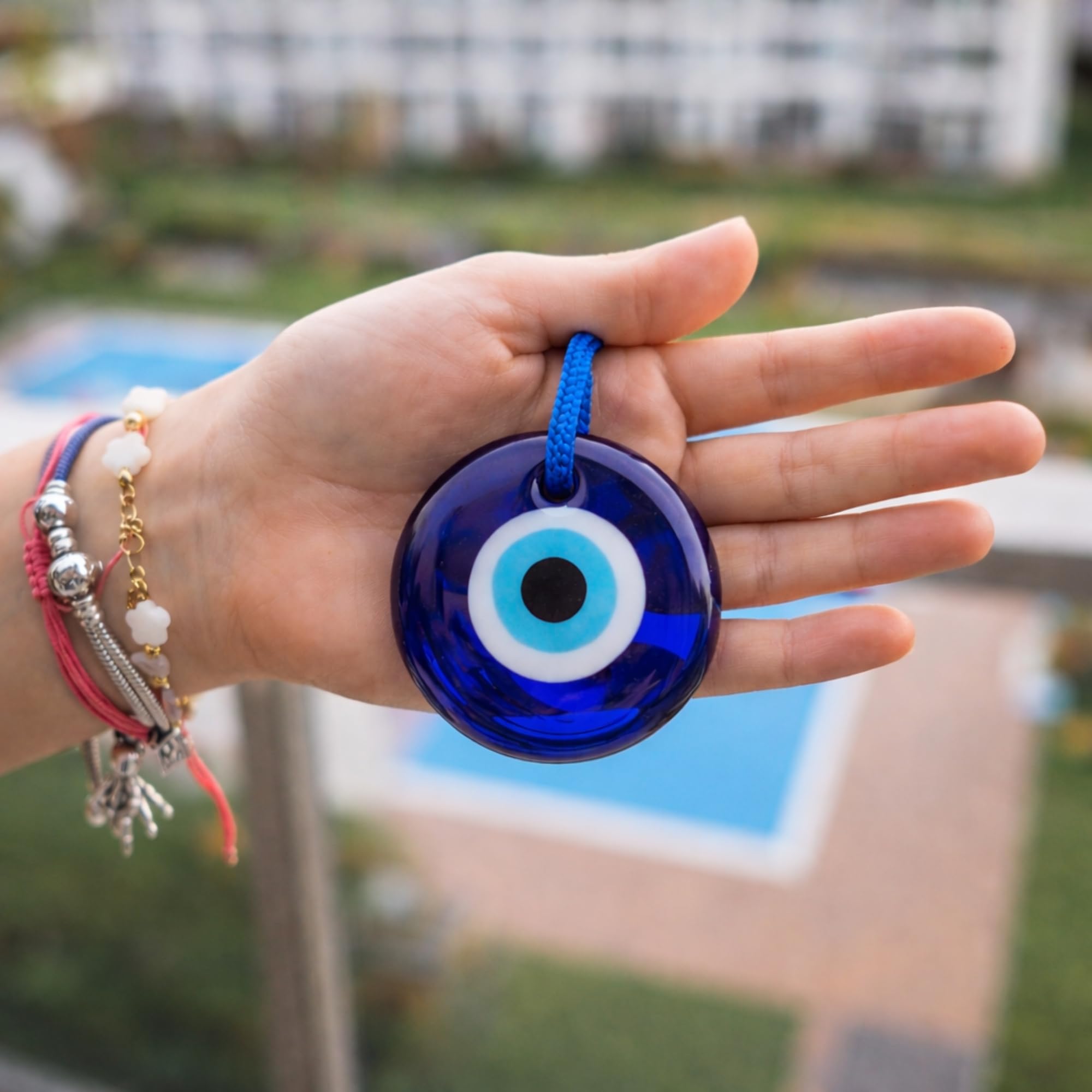 Erbulus Handmade Set of 3 Blue Glass Turkish Evil Eye Hanging for Home Entrance, Nazar Battu Protection Amulet for Good Luck & Prosperity – Main Door & Wall Decor 2