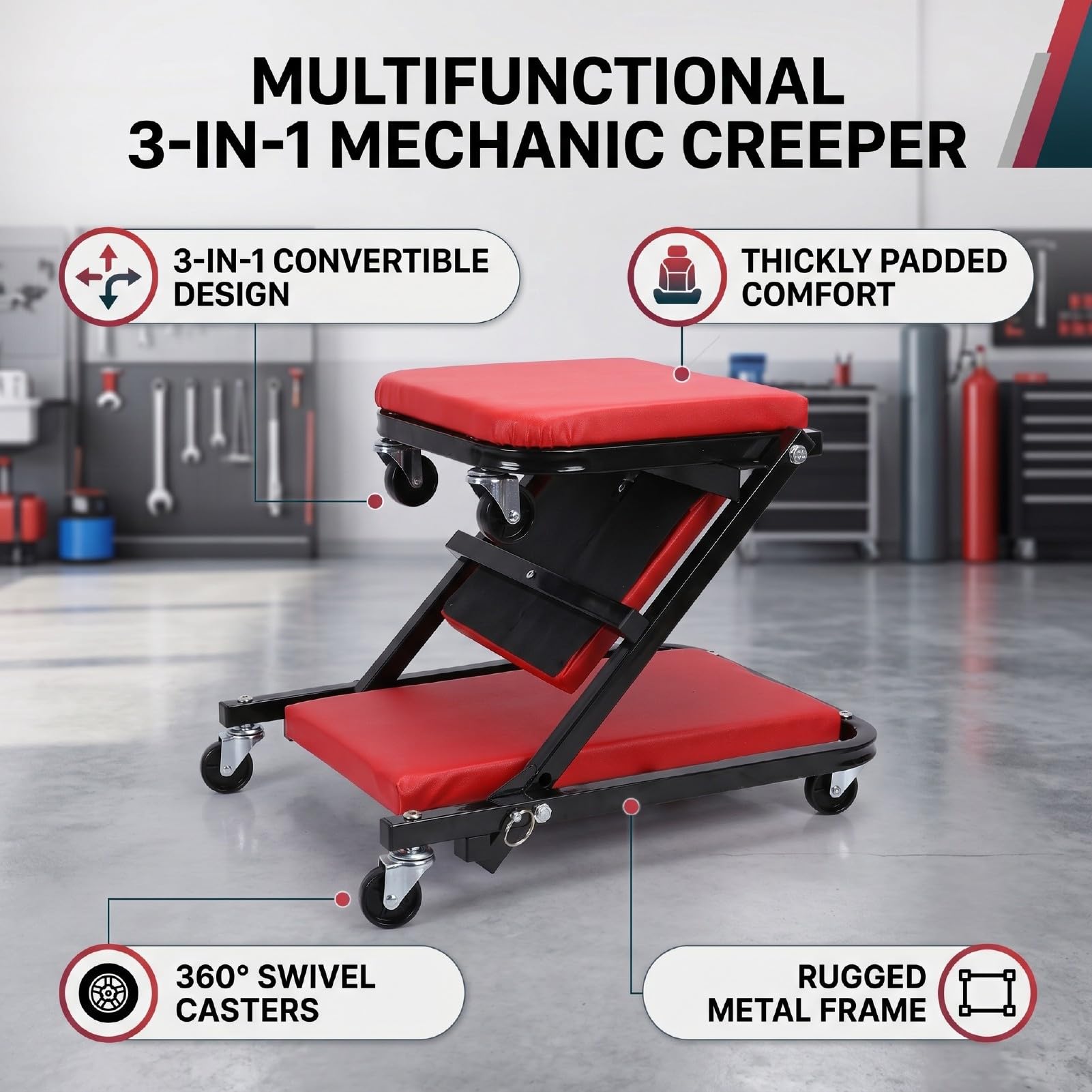 CHICIRIS Camilla para Mecánico Convertible 3 en 1, Asiento con Ruedas Giratorias for Reparación y Mantenimiento de Automóviles (Rojo) | Estructura acolchada gruesa, metal resistente, ruedas giratorias; ideal para taller.