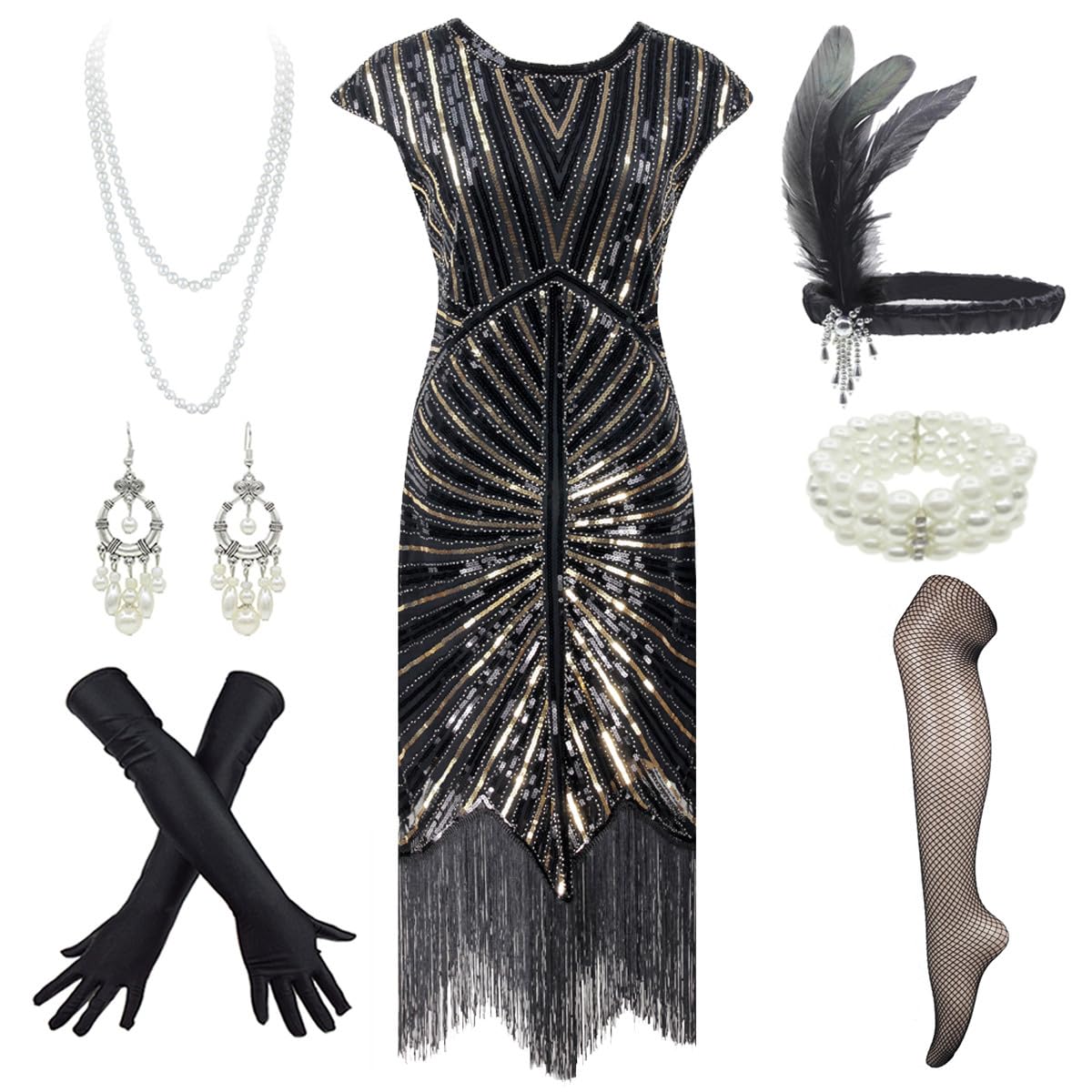 Women's Flapper Dresses 1920s Gatsby Sequin Fringed Party Costume with Headpiece