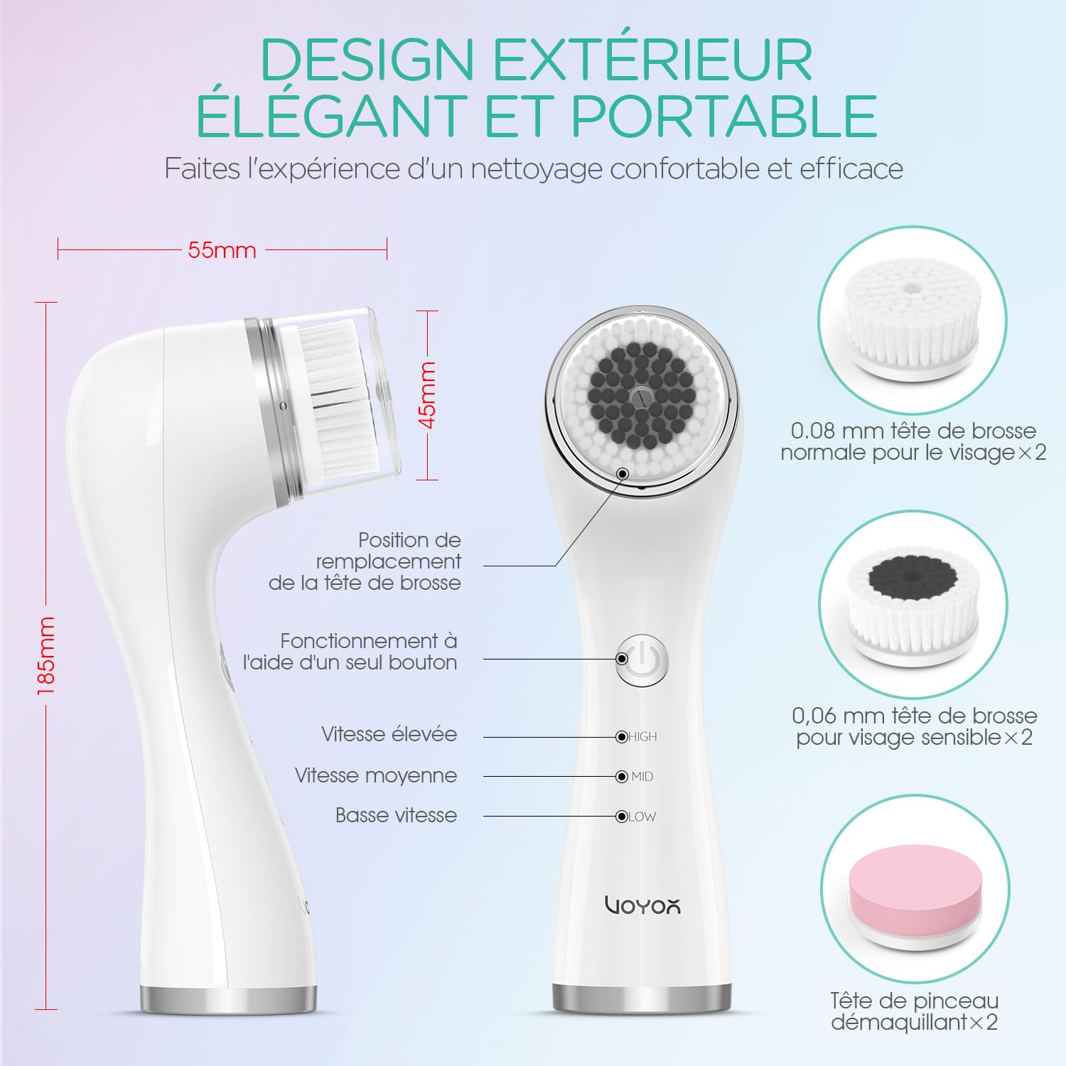VOYOR Brosse Nettoyante Visage Rechargeable 3 Réglages de Vitesse Brosse Visage pour un Nettoyage en Profondeur du Visageet et une Exfoliation, 6 en 1 Imperméable Brosse Électrique Visage FB101