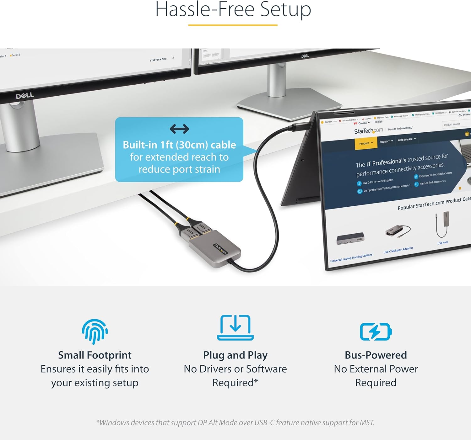 StarTech.com USB-C to Dual Displayport 1.4 Adapter, USB Type-C Muliti-Monitor MST Hub, Dual 5K 60Hz DP Laptop Display Extender / Splitter, HDR, Extra-Long Built-In Cable, Windows Only (MST14CD122DP)