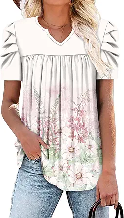 KISSMODA Tops for Womens Summer Cute Short Sleeve Shirts Trendy Notched Neck Blouses Casual Loose Pleated Tunics S-3Xl