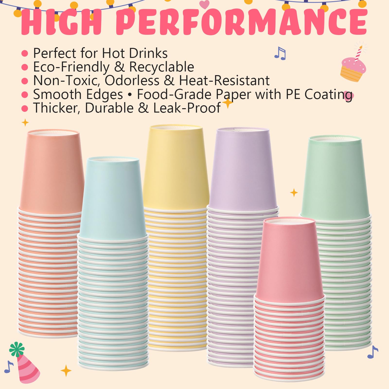 Mimorou Lot de 300 gobelets jetables en carton de 237 ml, couleurs macarons assorties (6 couleurs), tasses à café double revêtement en polyéthylène pour boissons, boissons chaudes et froides pour café