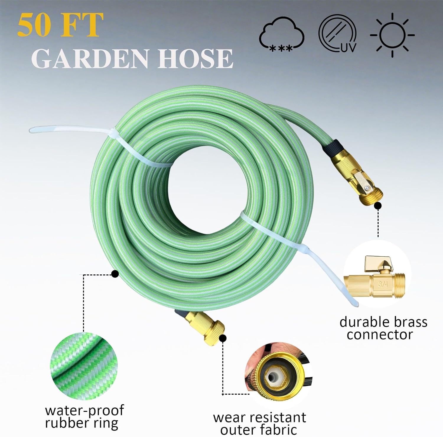50FT Garden Hose - 10 Function Nozzle, Solid Brass Connector, High Pressure No-Kink for Car Wash & Yard