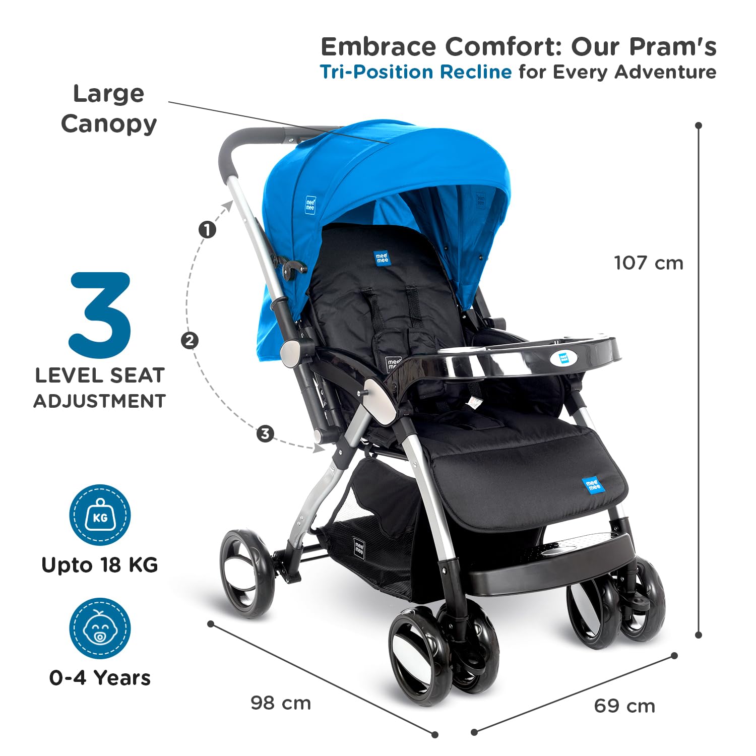 Mee Mee Dream Star Pram: Lightweight & Easy to Fold -3