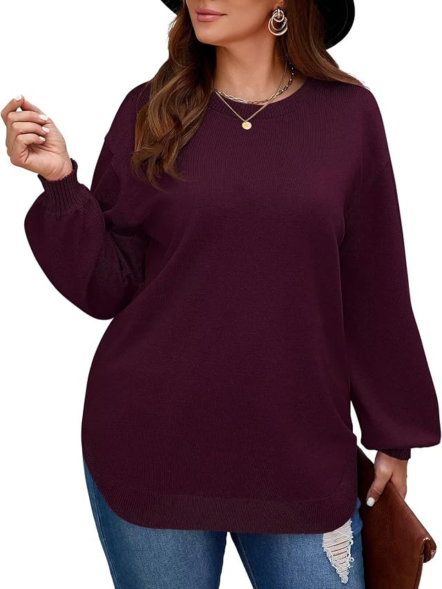 BELAROI Plus Size Sweaters for Women Long Sleeve Shirts Loose Casual Oversized Tunic Sweater Fall Outfits Curved Hem