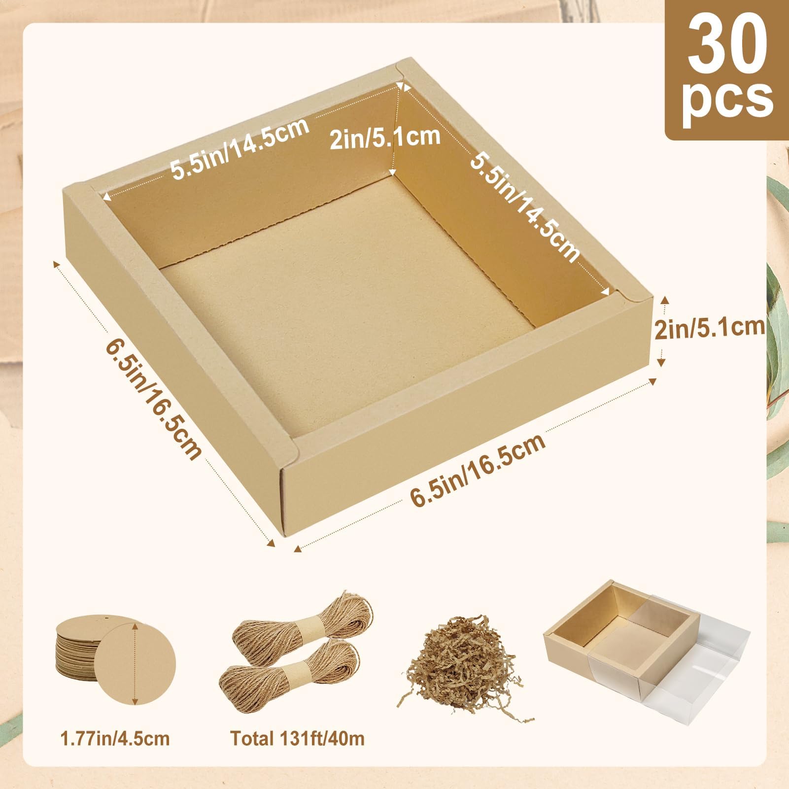 30 Kraftpapier-Karton-Boxen-Kits, Innenmaße 14 x 14 x 5 cm, hausgemachte Seifenbox mit Bast-Füllung, Blanko-Etiketten und Jute-Schnur, kleine Geschenkboxen für Schmuck, Süßigkeiten, Verpackungen