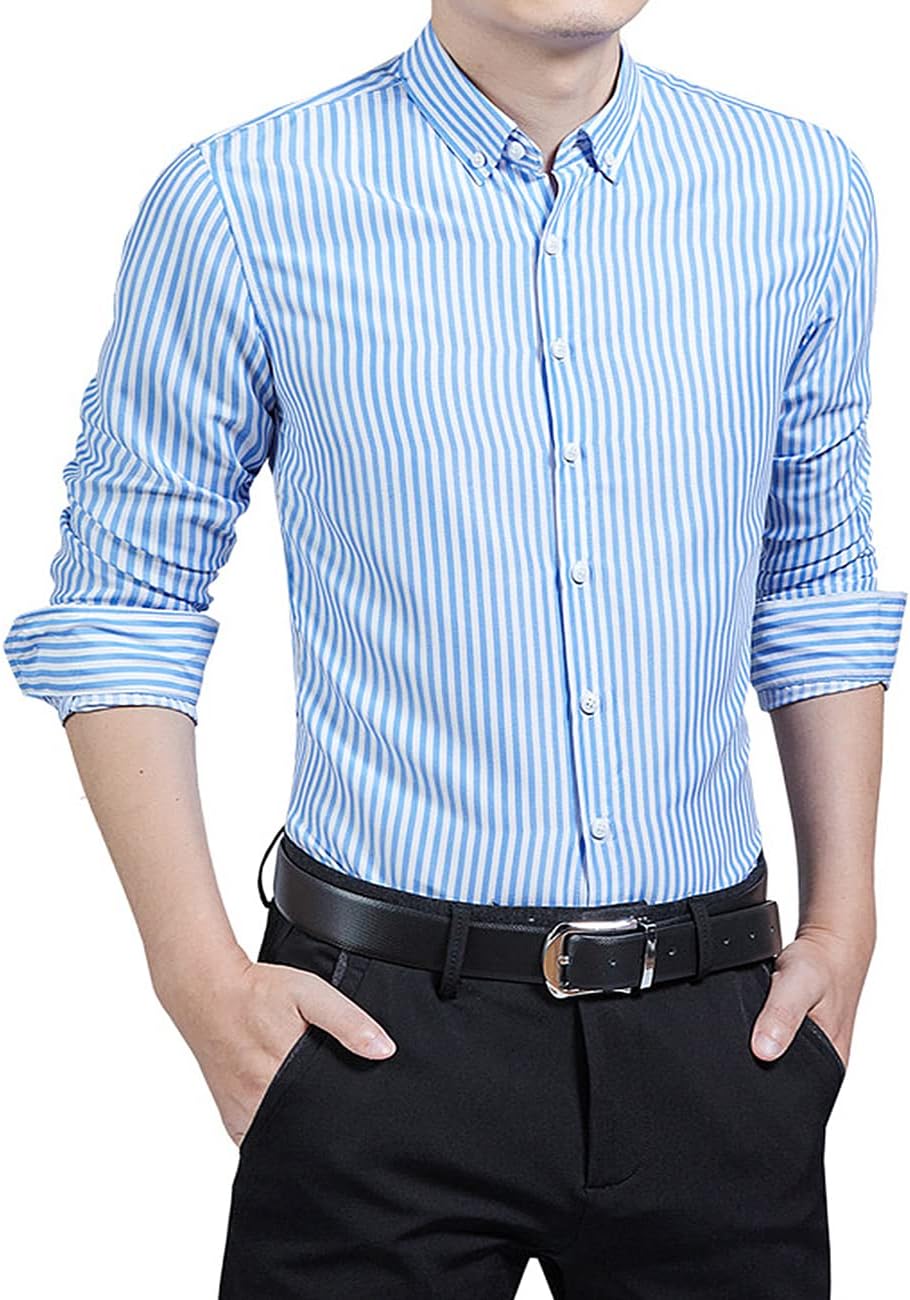 Men's Long Sleeve Dress Shirts Casual Business Vertical Striped Button Down Slim Fit Shirts - Image 2