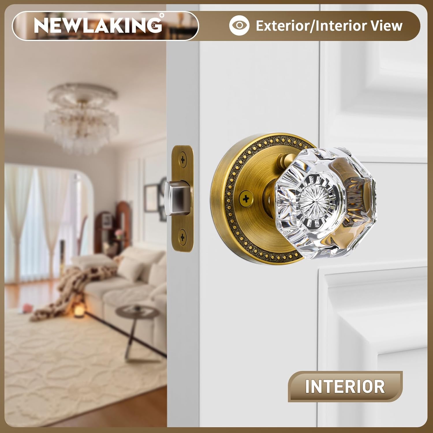 Glass Door Knobs Interior Privacy Antique Brass Door Knob with Lock for Bedroom and Bathroom Crystal Door Knob Retro Octagon Style, 1 Pack