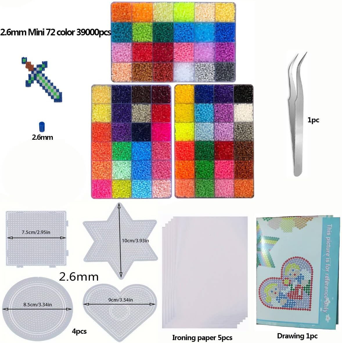 ZLLBTMO 39000 Pcs Fuse Beads Kit for Craft Making 72 Colors 2.6mm Mini Small Iron Beads Set for Aduld, with Box, 4 Pegboards, 1 Drawing, 1 Tweezers, 5 Ironing Paper