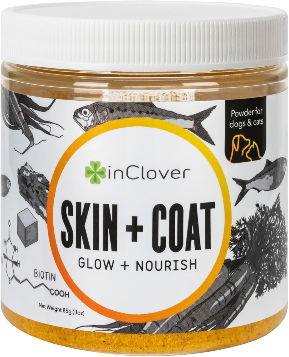 - In Clover Dog Skin and Coat Supplement, BioRadiant Natural Supplement for Dogs, Healthy Skin and Coat, Fish Oil Alternative Uses Carrots, Coconut, Omega 3's, Biotin and Zinc Soothe Skin