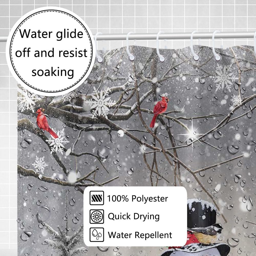 Christmas Snowman Shower Curtain Winter Snowy Forest Scene Bathroom Curtain Set Red Cardinals Pine Tree Polyester Fabric Bathtub Decor with 12 Hooks 72x72 Inches