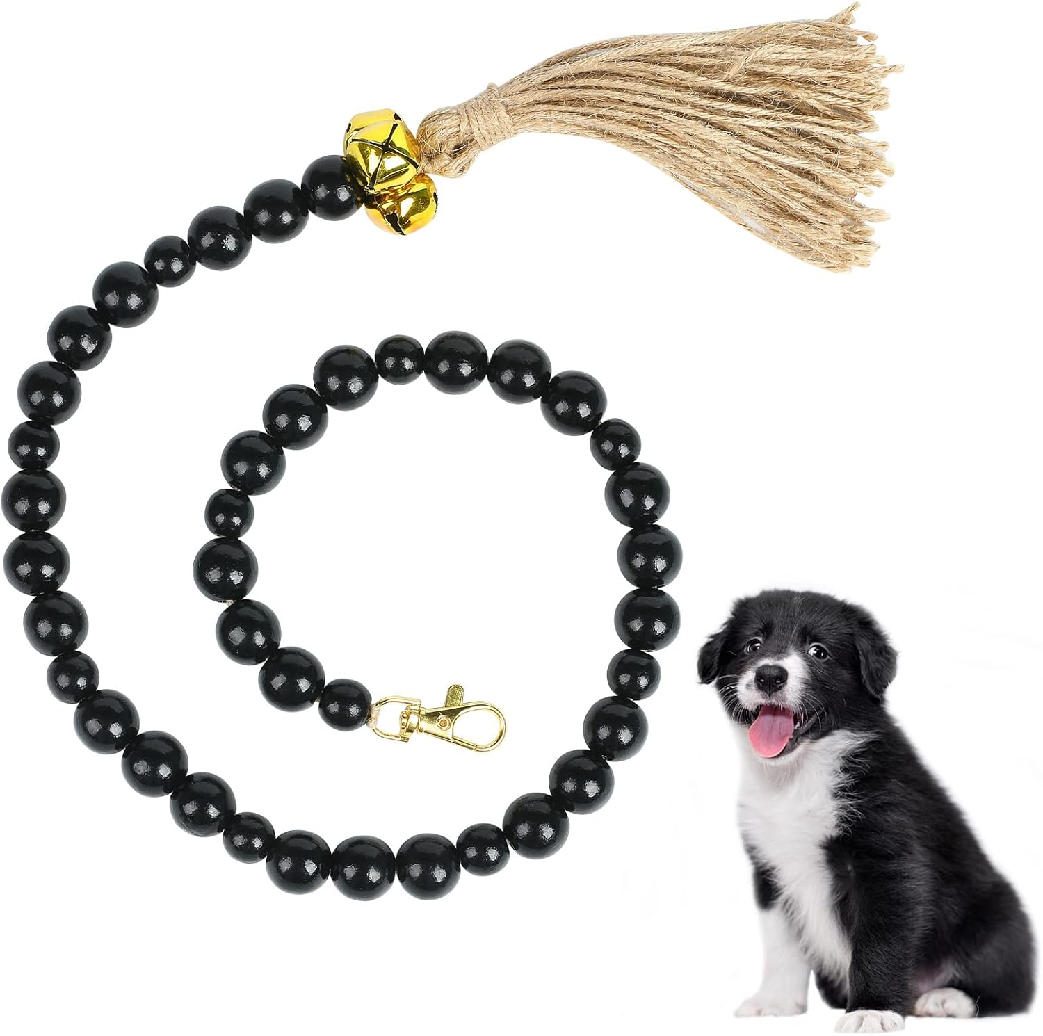 ADILAIDUN Wooden Beading Tassel Hanging Dog Bell for Door Potty Training, Bling Gold Jingle Bells, Pet Puppy Training Doorbell, Boho…