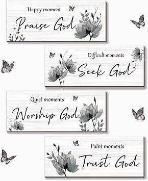 ONIZHITY 4 Pcs Black Floral Bible Verse Rustic Wooden Wall Art - Positive Christian Quotes for Bathroom, Home Office, Bedroom, Living Room 10x4"