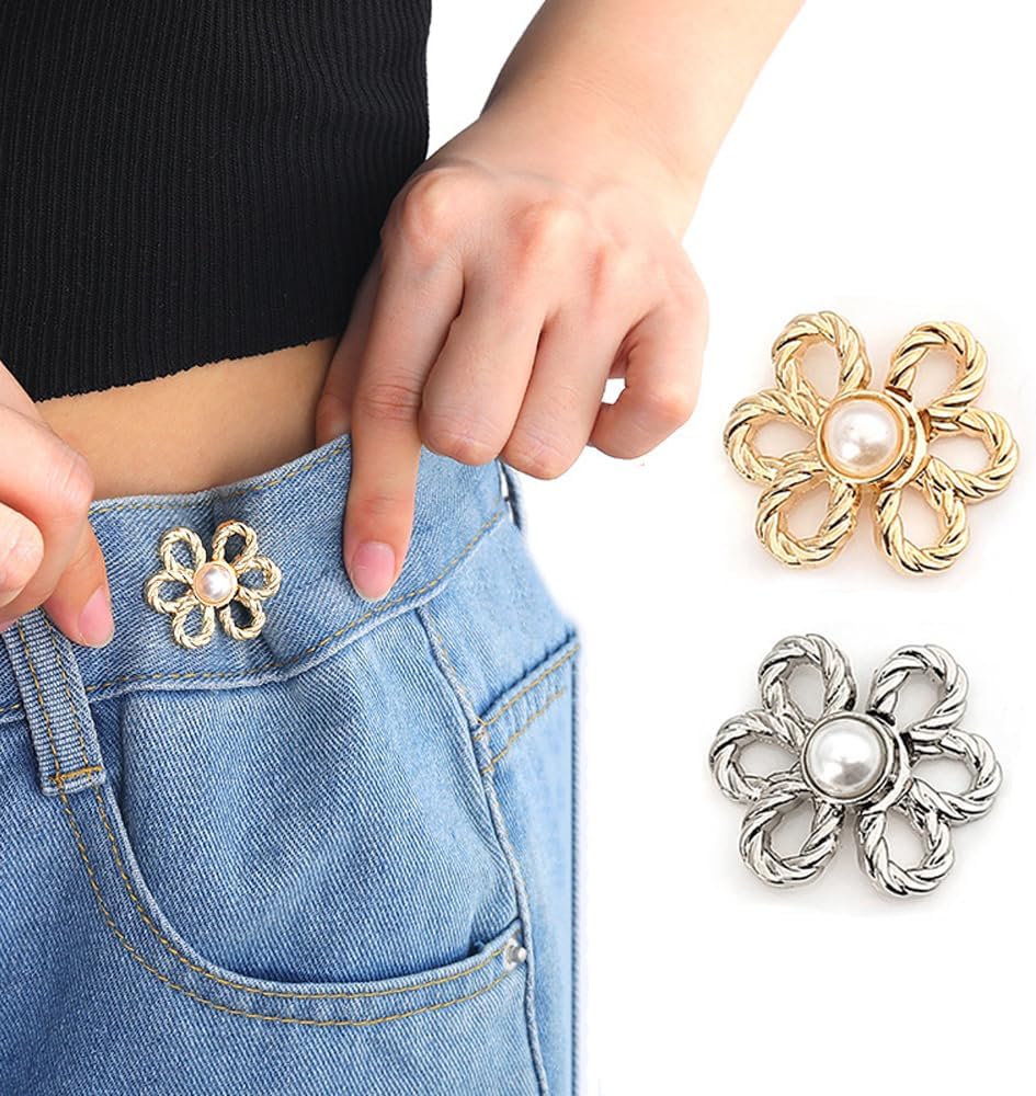 2 Sets Pant Waist Tightener, Adjustable Buttons Pins for Loose Jeans, No Sewing Waistband Extenders Pants Clips for Women Skirt (Flower)