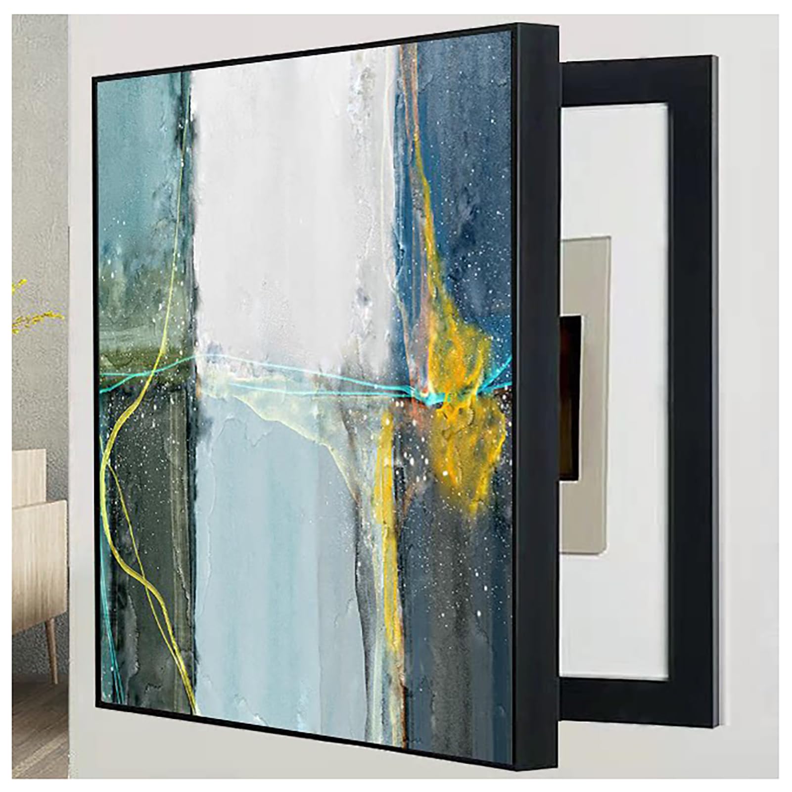 Boîte de disjoncteur cachée par un tableau d'art moderne dans le bureau