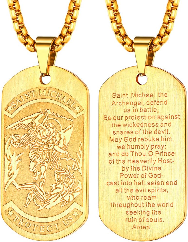 FaithHeartMen's Stainless Steel Archangel St Michael Pendant Necklace Engraved Catholic Amulets for Fire Police (With Gift Box)Recycled Claim Standard Blended