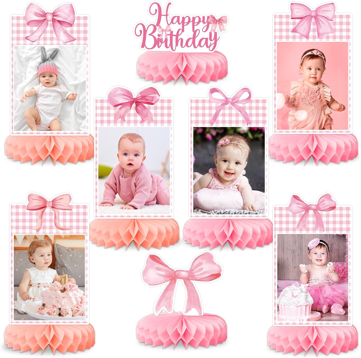 JarThenaAMCS 8Pcs Pink Bow Party Decorations Bow Birthday Party Honeycomb Centerpieces Lovely Bowknot Photo Table Centerpieces For Girls Baby Shower Birthday Party Supplies