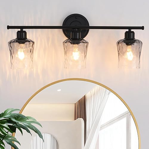 Lámpara de baño de 3 luces, lámpara de tocador negra mate con pantalla de vidrio gris, moderna lámpara de pared de baño E26 para sobre espejo,