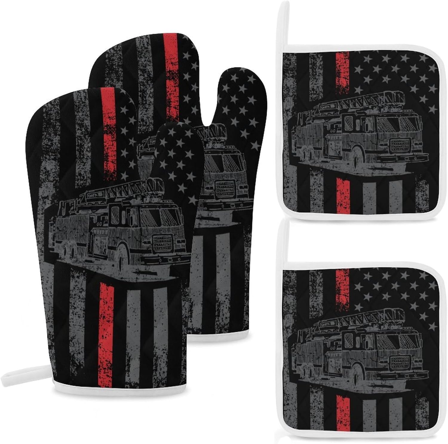 Thin Fire Firefighter Line Flag Oven Mitts and Pot Holders 4Pcs Set Heat Resistant Cooking Mitts Hot Pads