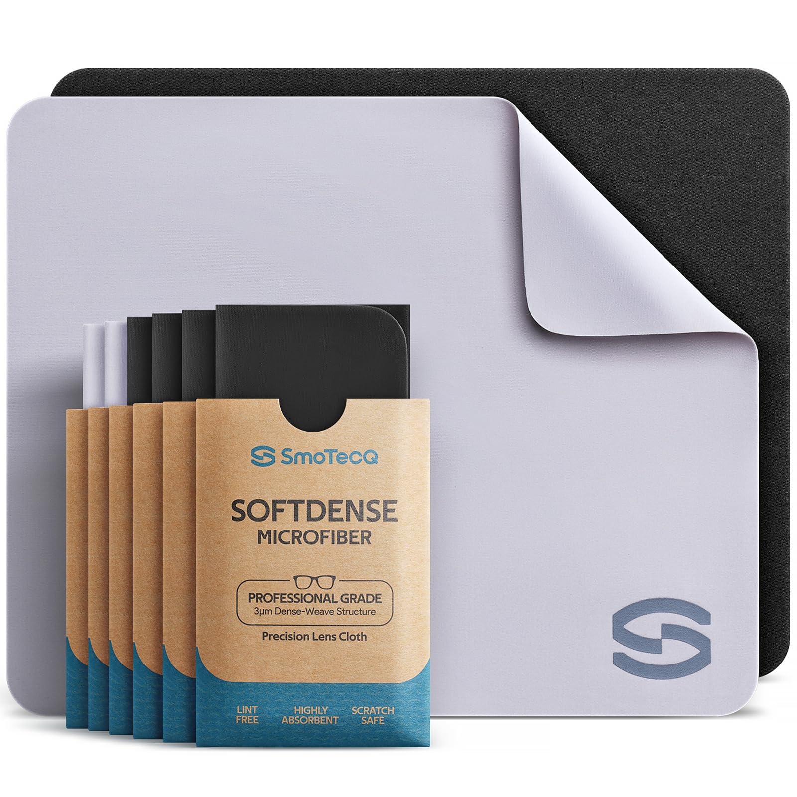 SmoTecQ SoftDense Microfiber Lens Cleaning Cloths – Professional Grade 3μm Dense-Weave Cloth for Glasses, Camera Lens, Screens – Lint-Free, Scratch-Safe, Highly Absorbent (Black + Gray)
